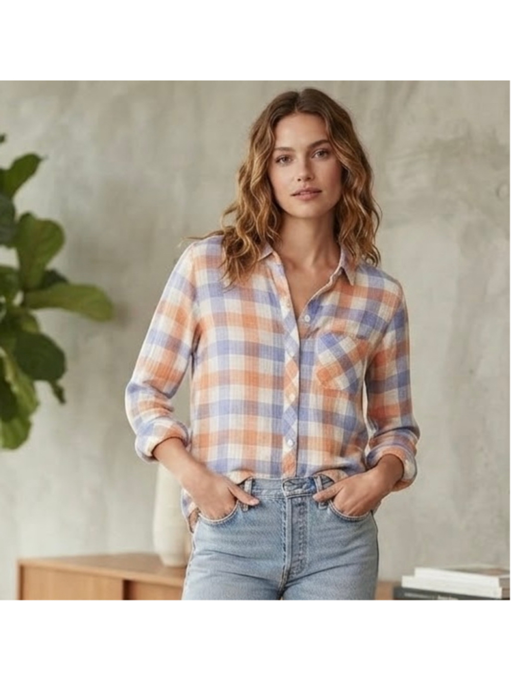 Rails Plaid Button Down Shirt Small Orange Blue GUC Coastal Cowgirl Preppy Soft